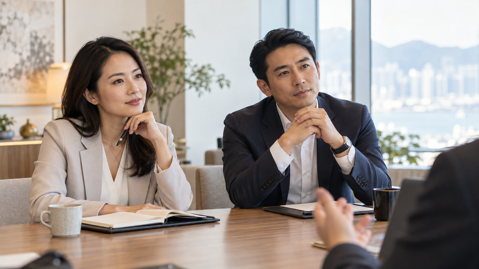 Illustrative Asian professionals engaged in a business consultation