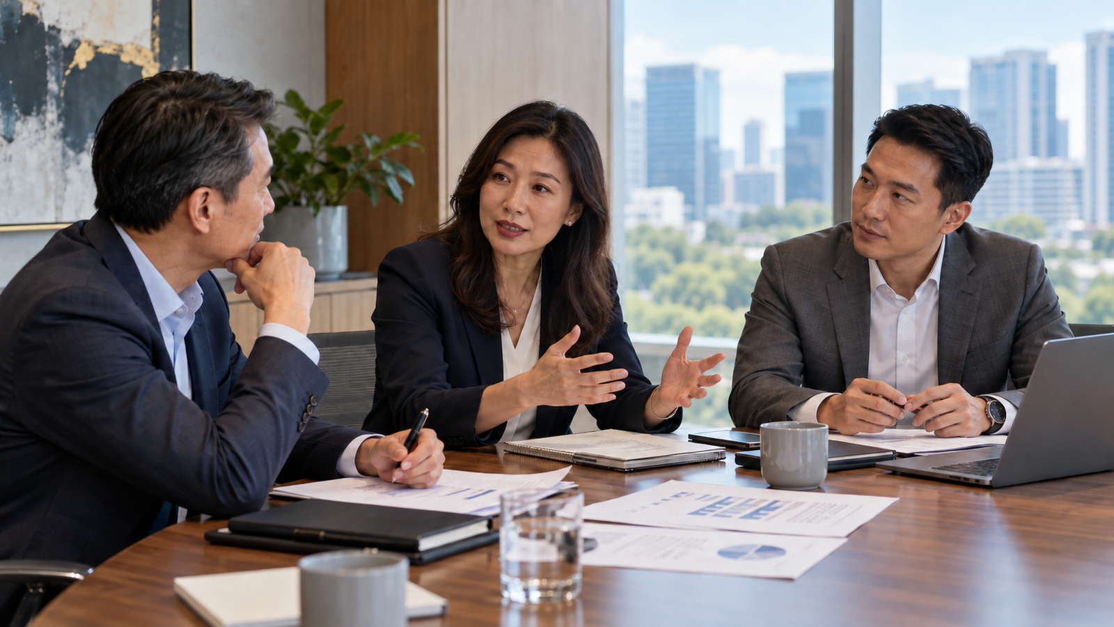 Illustrative Asian professionals discussing organisational development