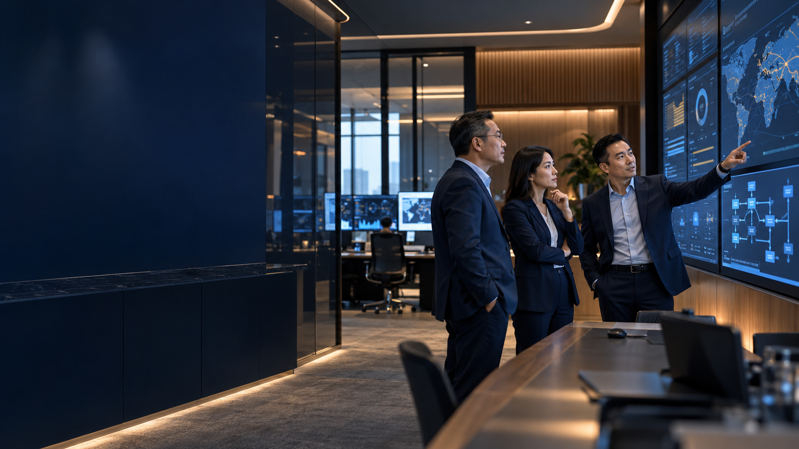 Illustrative technology consultants reviewing operational information in a contemporary technology centre